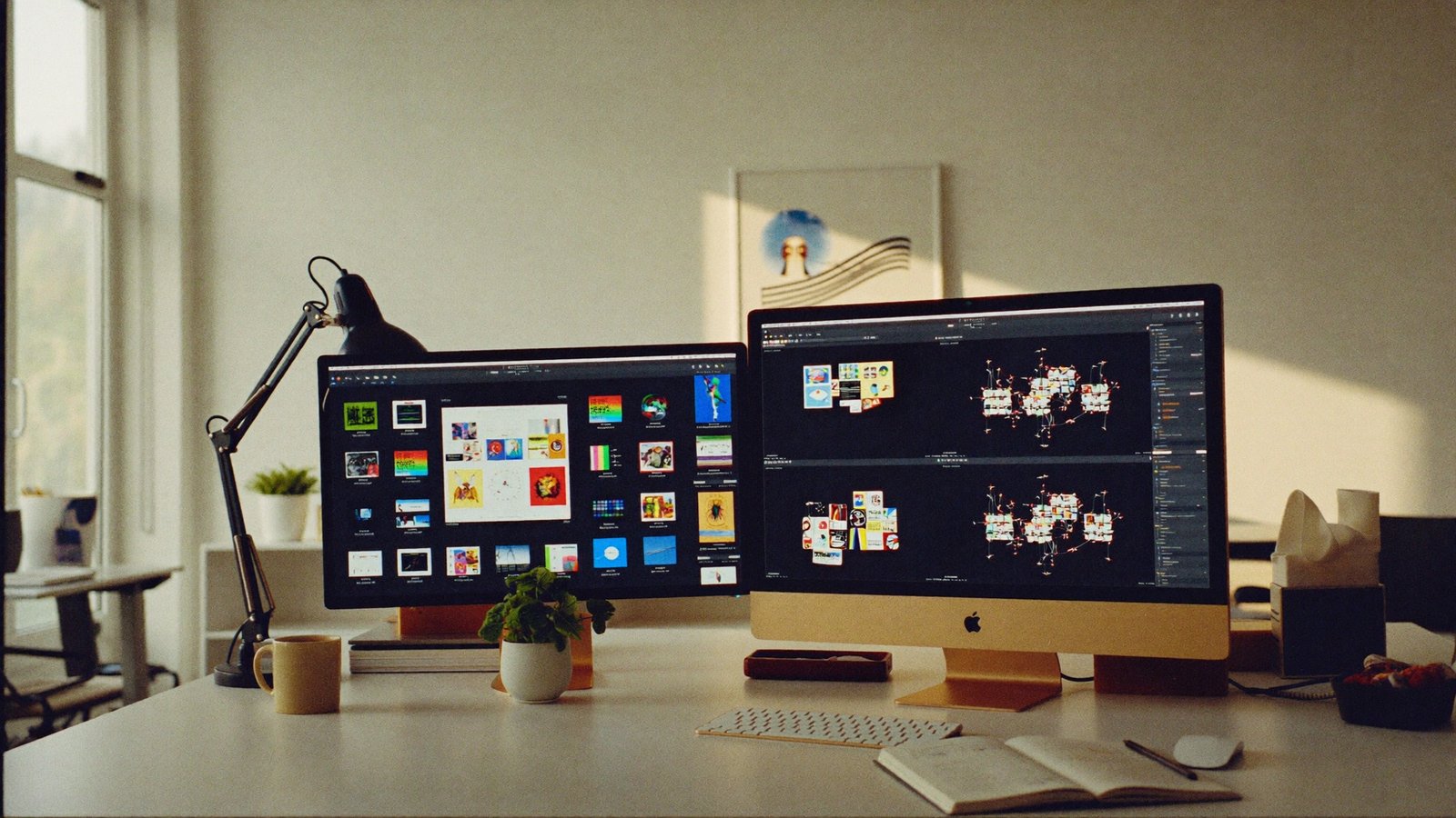 Webdesign Lübeck — Studio mit zwei Monitoren beim Layout-Design für lokale KMU-Webseite