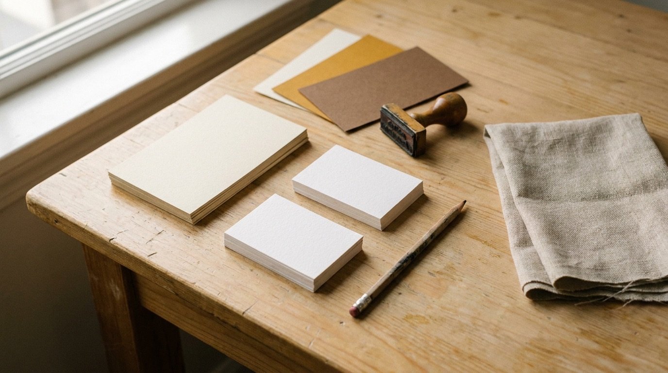 Arbeitstisch mit Papiermustern, Stempel und Stoffprobe im Morgenlicht