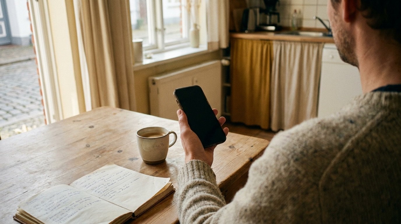 Person sitzt am Küchentisch und stellt eine Frage am Smartphone
