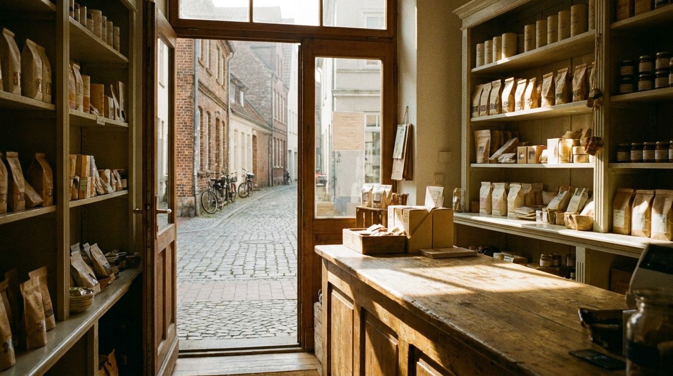 Kleiner Laden in Lübeck mit offener Tür am Morgen, Blick auf die Gasse