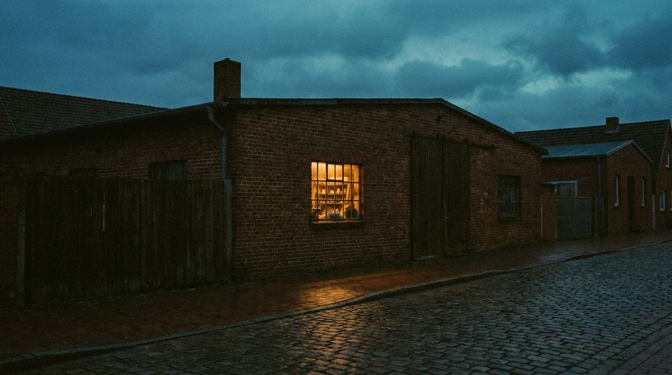 Geschlossene Werkstatt in einer Lübecker Gasse bei Nacht, ein Fenster ist beleuchtet