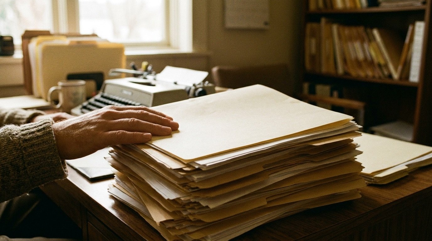 Hoher Stapel Papierunterlagen auf einem Schreibtisch, eine Hand liegt darauf